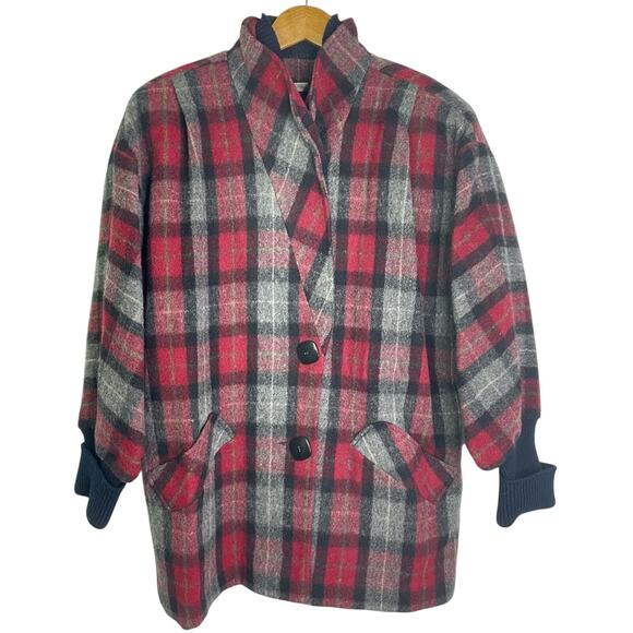 Vintage Wool Jacket Plaid Red Black Gray High Collar - Picture 1 of 12